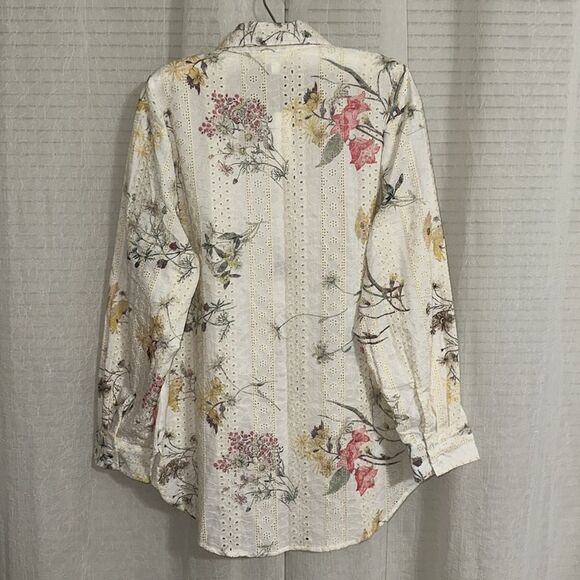 ADIVA 1X Ivory Embroidered Eyelet Floral Button Down Long Sleeve Shirt - Picture 2 of 11